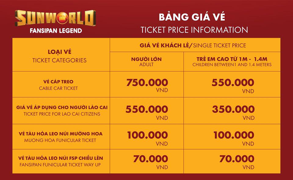 Cập nhật giá vé Khu Du Lịch Sun World Fansipan Legend 2020